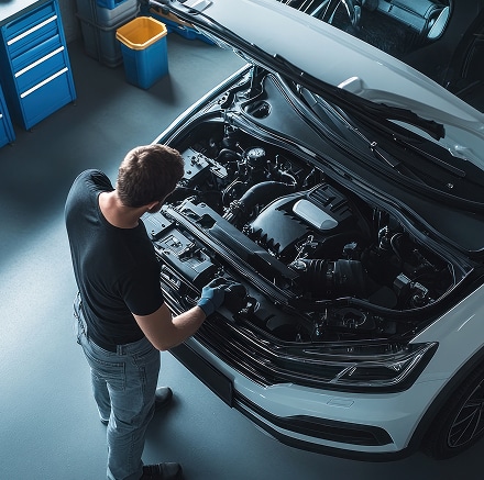 Réparation moteur voiture par un mécanicien en atelier Mécanicien inspectant le moteur d'une voiture blanche dans un atelier avec des outils de garage.